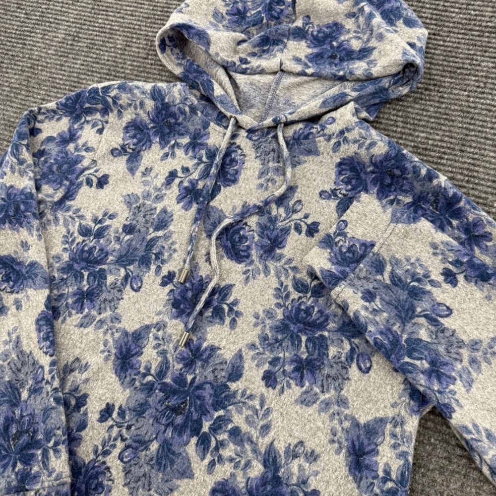 Emily Daniels Womens Large Blue Gray Floral Hoodie Soft Knit Pullover Sweatshirt